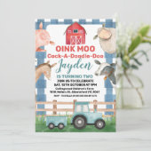 Blaue Karierte und Traktorfarm Einladung zum Gebur (Stehend Vorderseite)