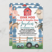 Blaue Karierte und Traktorfarm Einladung zum Gebur (Vorne/Hinten)