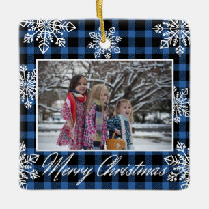Blaue Karo 2 Familienfoto Schneeflocken Weihnachte Keramikornament