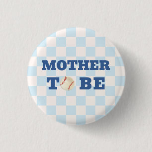 Blaue Karo Baseball Baby-Party für werdende Mütter Button