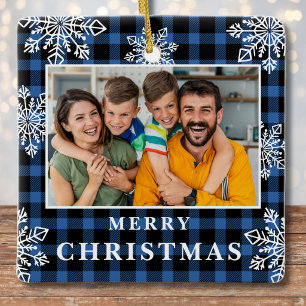 Blaue Karo-Familienfoto-Schneeflocken Weihnachten Keramikornament