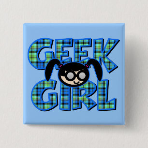 Blaue Karo Geek Girl mit Grafik Button