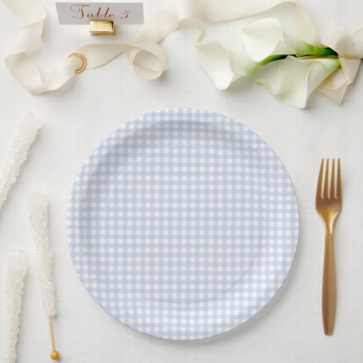 Blaue Karo-Gingham-Baby-Party Pappteller (Hochzeit)