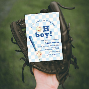 Blaue Karo kleine Slugger Baseball-Baby-Party Einladung