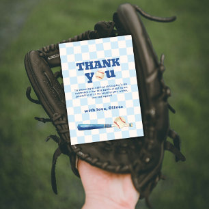 Blaue Karo-Schlagmann Baseball-Baby-Party Dankeskarte