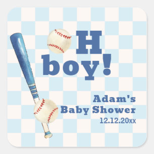 Blaue Karo-Schlagmann Baseball-Baby-Party Quadratischer Aufkleber