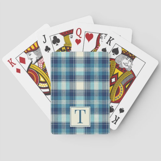 Blaue Karo-Tartan-Monogramm-Initiale Spielkarten (Rückseite)