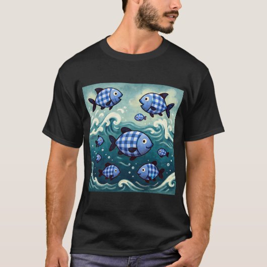 Blaue Karofischschule T-Shirt (Vorderseite)