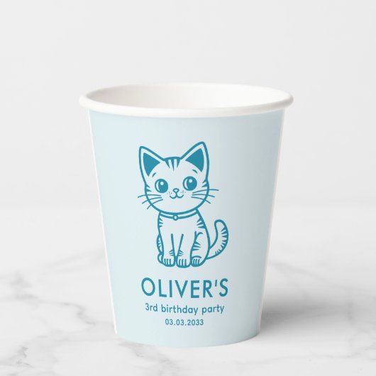 Blaue Katze Geburtstagsparty mit Farbkätzchen Pappbecher (Vorderseite)