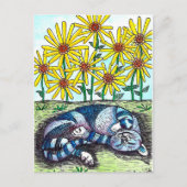 Blaue Katze & Gelbe Blumen Postkarte (Vorderseite)