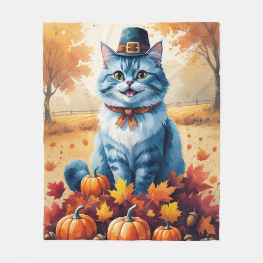 Blaue Katze im Herbst hinterlässt Erntedank Fleecedecke (Vorderseite)