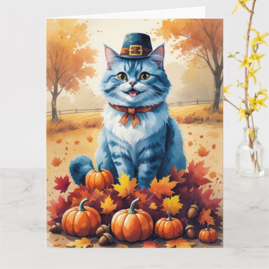 Blaue Katze im Herbst hinterlässt Erntedank Karte (Gelbe Blume)