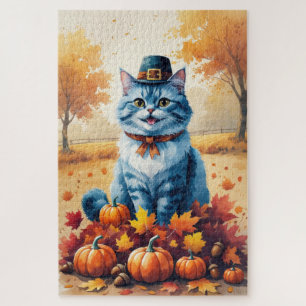 Blaue Katze im Herbst hinterlässt Erntedank Puzzle
