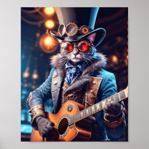 Blaue Katze im Steampunk-Kleid spielt Gitarre in d Poster