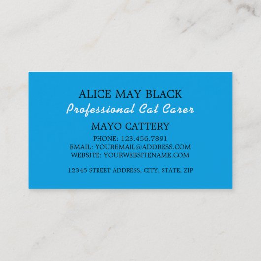 Blaue Katze, Katze Boarding, Futter Visitenkarte (Rückseite)