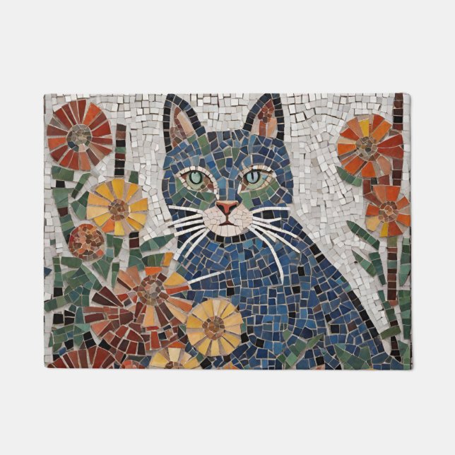 Blaue Katze mit Blume geflecktem Mosaik Fußmatte (Vorderseite)