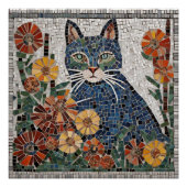 Blaue Katze mit Blume geflecktem Mosaik Poster (Vorderseite)