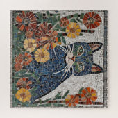 Blaue Katze mit Blume geflecktem Mosaik Puzzle (Horizontal)