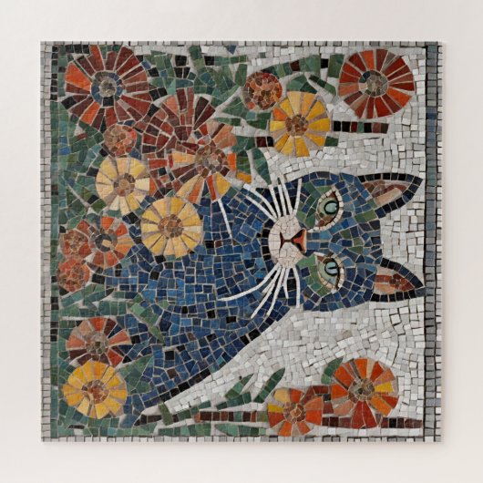 Blaue Katze mit Blume geflecktem Mosaik Puzzle (Horizontal)