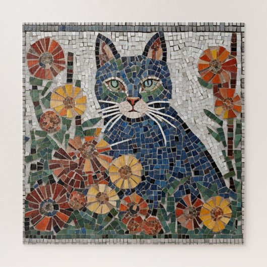 Blaue Katze mit Blume geflecktem Mosaik Puzzle (Vertikal)