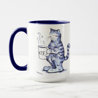 Blaue Katze mit WTF Tasse