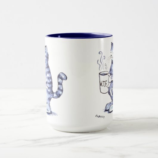 Blaue Katze mit WTF Tasse (Zentrum)