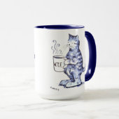 Blaue Katze mit WTF Tasse (VorderseiteRechts)