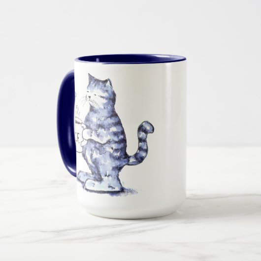 Blaue Katze mit WTF Tasse (Vorderseite Links)