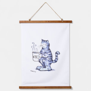 Blaue Katze mit WTF-Tasse Wandteppich Mit Holzrahmen