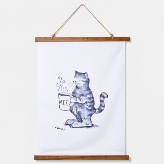 Blaue Katze mit WTF-Tasse Wandteppich Mit Holzrahmen (Vorderseite)