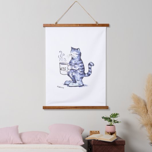 Blaue Katze mit WTF-Tasse Wandteppich Mit Holzrahmen (Schlafzimmer)