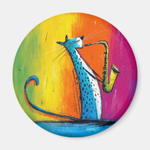 Blaue Katze spielt Saxophon Magnet