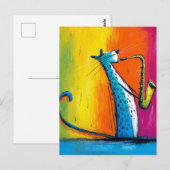 Blaue Katze spielt Saxophon Postkarte (Vorne/Hinten)