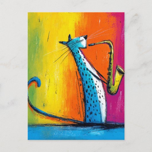 Blaue Katze spielt Saxophon Postkarte (Vorderseite)