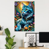 Blaue Katze und Blütenoase Poster (Heimbüro)