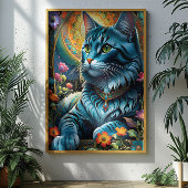 Blaue Katze und Blütenoase Poster
