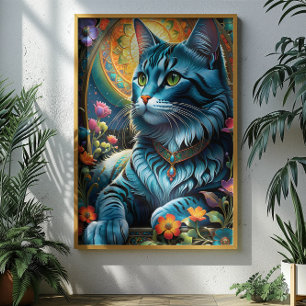 Blaue Katze und Blütenoase Poster