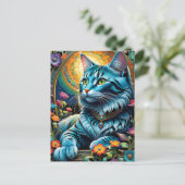 Blaue Katze und Blütenoase Postkarte (Stehend Vorderseite)