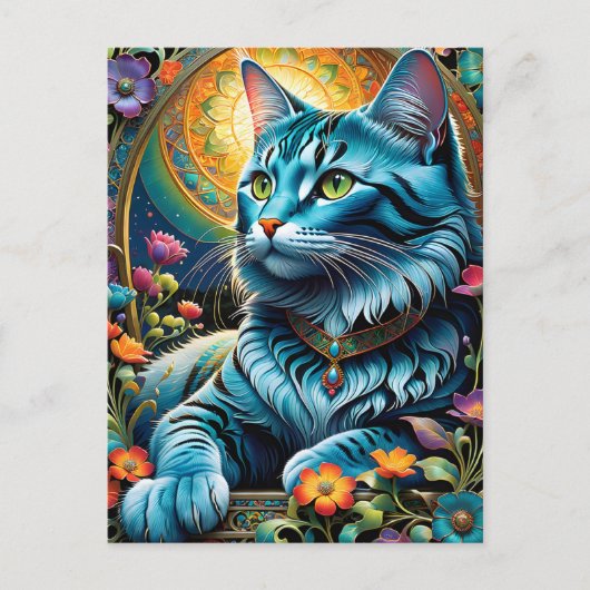 Blaue Katze und Blütenoase Postkarte (Vorderseite)