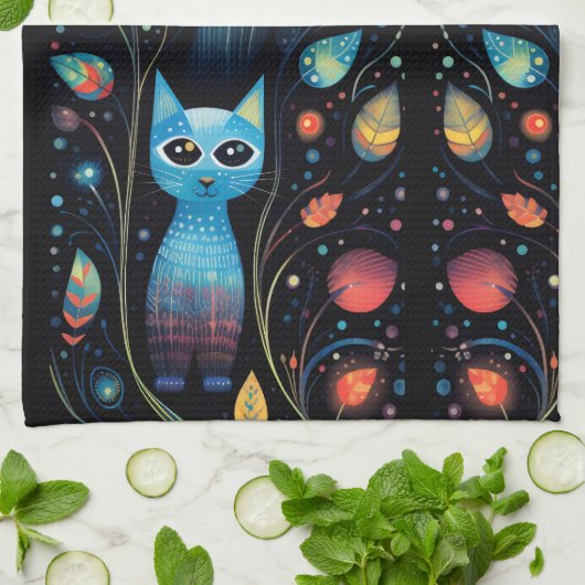 Blaue Katzen Geschirrtuch (Gefaltet)