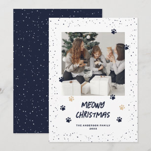Blaue Katzenpfoten Schnee Foto Meowy Weihnachtskar Feiertagskarte