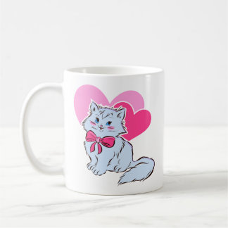 Blaue Kawaii-Katze mit rosa Schleife und Herzen Kaffeetasse