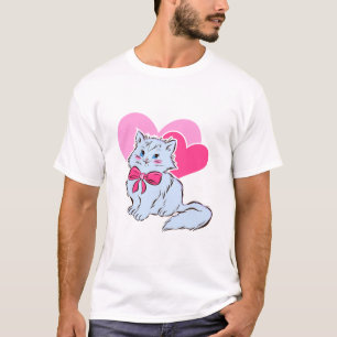 Blaue Kawaii-Katze mit rosa Schleife und Herzen T-Shirt