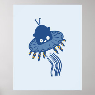 Blaue Kawaii-Oktopus-UFO Poster