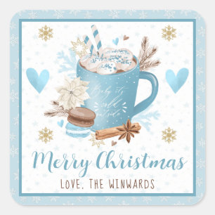 Blaue Kekse und Kakao Frohe Weihnachten Quadratischer Aufkleber