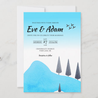 Blaue Kiefer-Schnee-Aquarell-Winterhochzeit Einladung