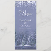 Blaue Kiefernbäume bemalt weißen Schnee Winterhoch Menükarte (Vorderseite)