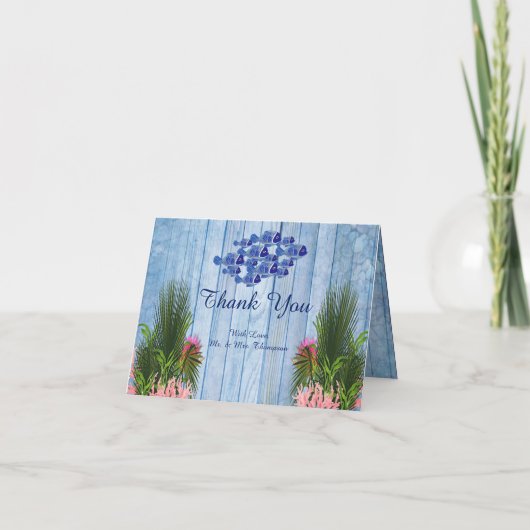 Blaue Kiesel, rosa Flamingos und Fisch Dankeskarte (Vorderseite)