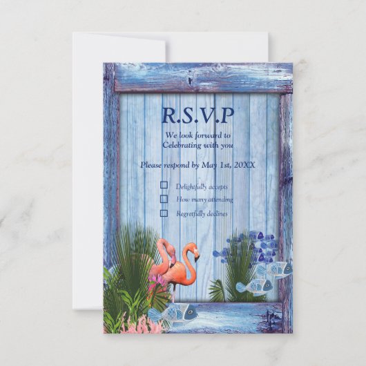 Blaue Kiesel, rosa Flamingos und Fisch RSVP Karte (Vorderseite)