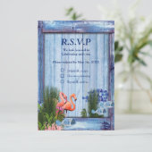 Blaue Kiesel, rosa Flamingos und Fisch RSVP Karte (Stehend Vorderseite)